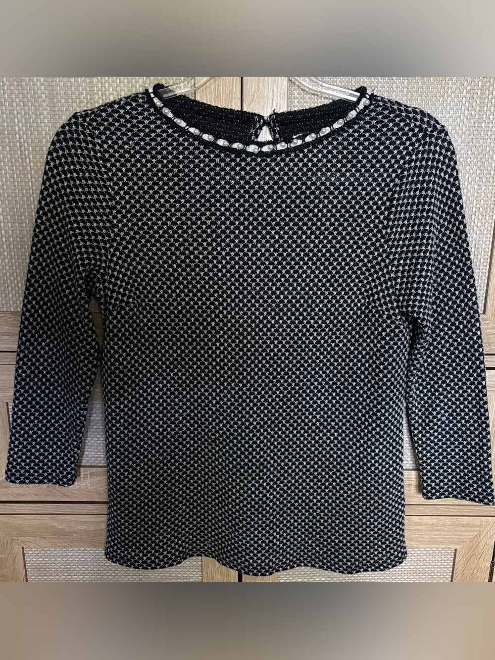 ELLE Black & White Patterned Knit Top with Embellished Neckline